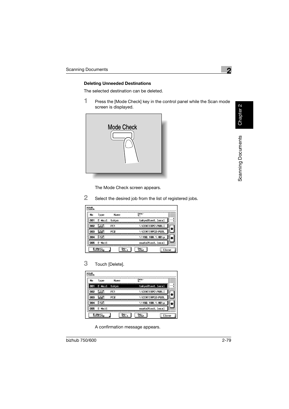 Deleting unneeded destinations, Deleting unneeded destinations -79, Mode check | Konica Minolta bizhub 750 User Manual | Page 114 / 394