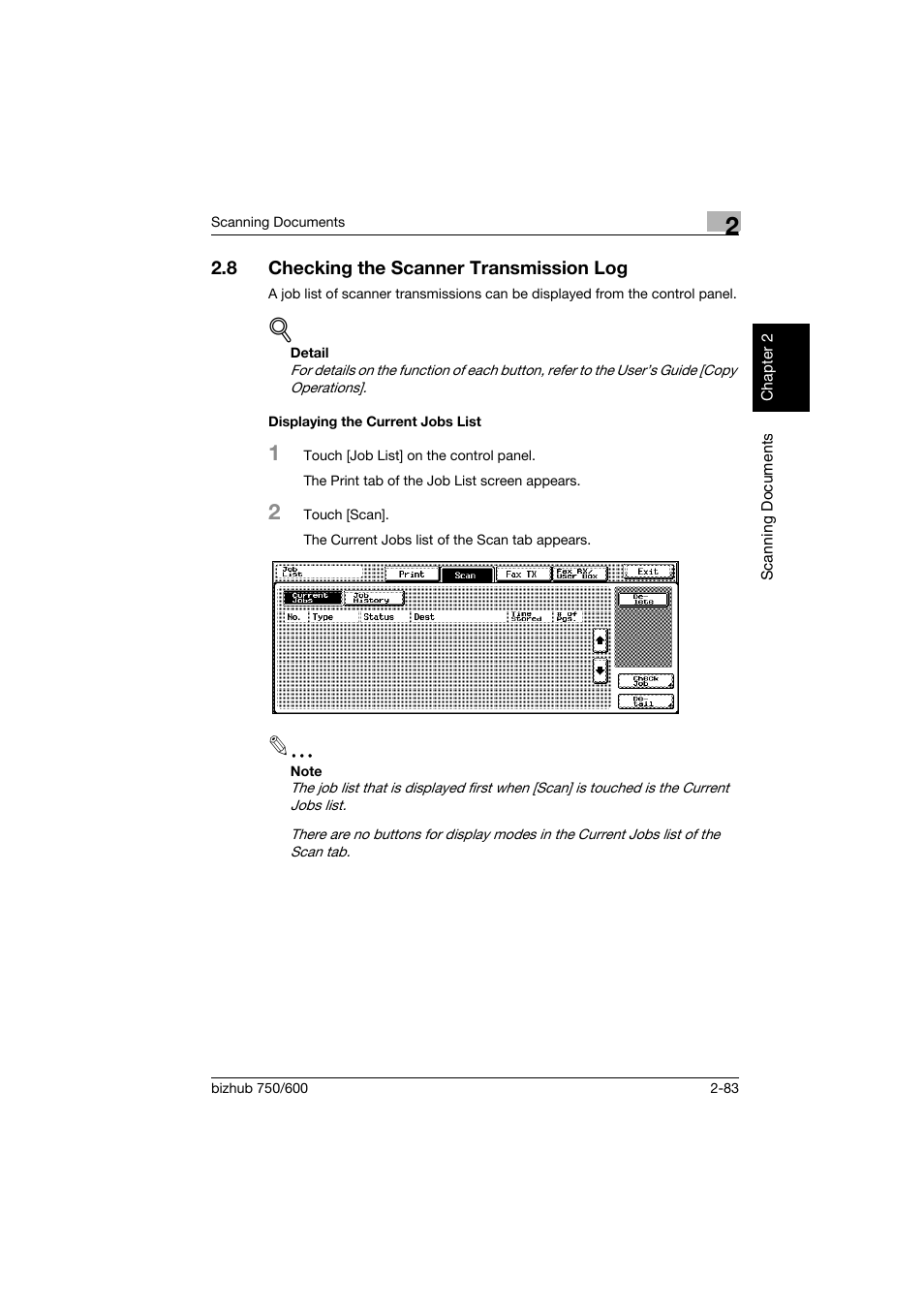 8 checking the scanner transmission log, Displaying the current jobs list, Checking the scanner transmission log -83 | Displaying the current jobs list -83 | Konica Minolta bizhub 750 User Manual | Page 118 / 394