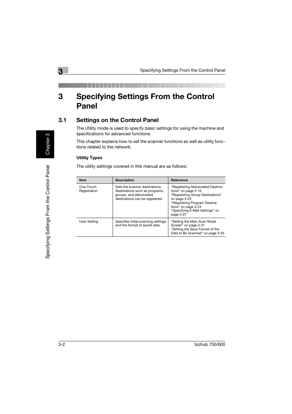 3 specifying settings from the control panel, 1 settings on the control panel, Utility types | Specifying settings from the control panel, Settings on the control panel -2, Utility types -2, 3specifying settings from the control panel | Konica Minolta bizhub 750 User Manual | Page 123 / 394