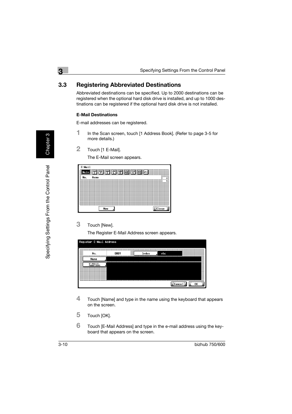 3 registering abbreviated destinations, E-mail destinations, Registering abbreviated destinations -10 | E-mail destinations -10 | Konica Minolta bizhub 750 User Manual | Page 131 / 394