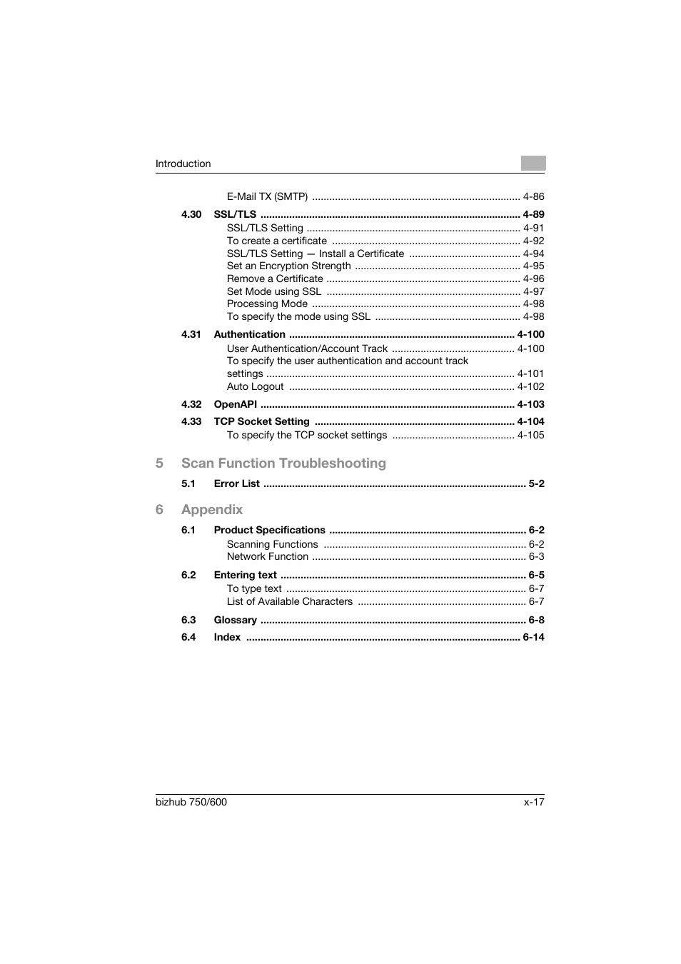 5scan function troubleshooting, 6appendix | Konica Minolta bizhub 750 User Manual | Page 18 / 394