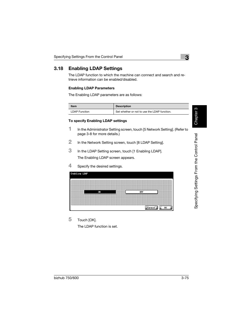 18 enabling ldap settings, Enabling ldap parameters, To specify enabling ldap settings | Enabling ldap settings -75 | Konica Minolta bizhub 750 User Manual | Page 196 / 394