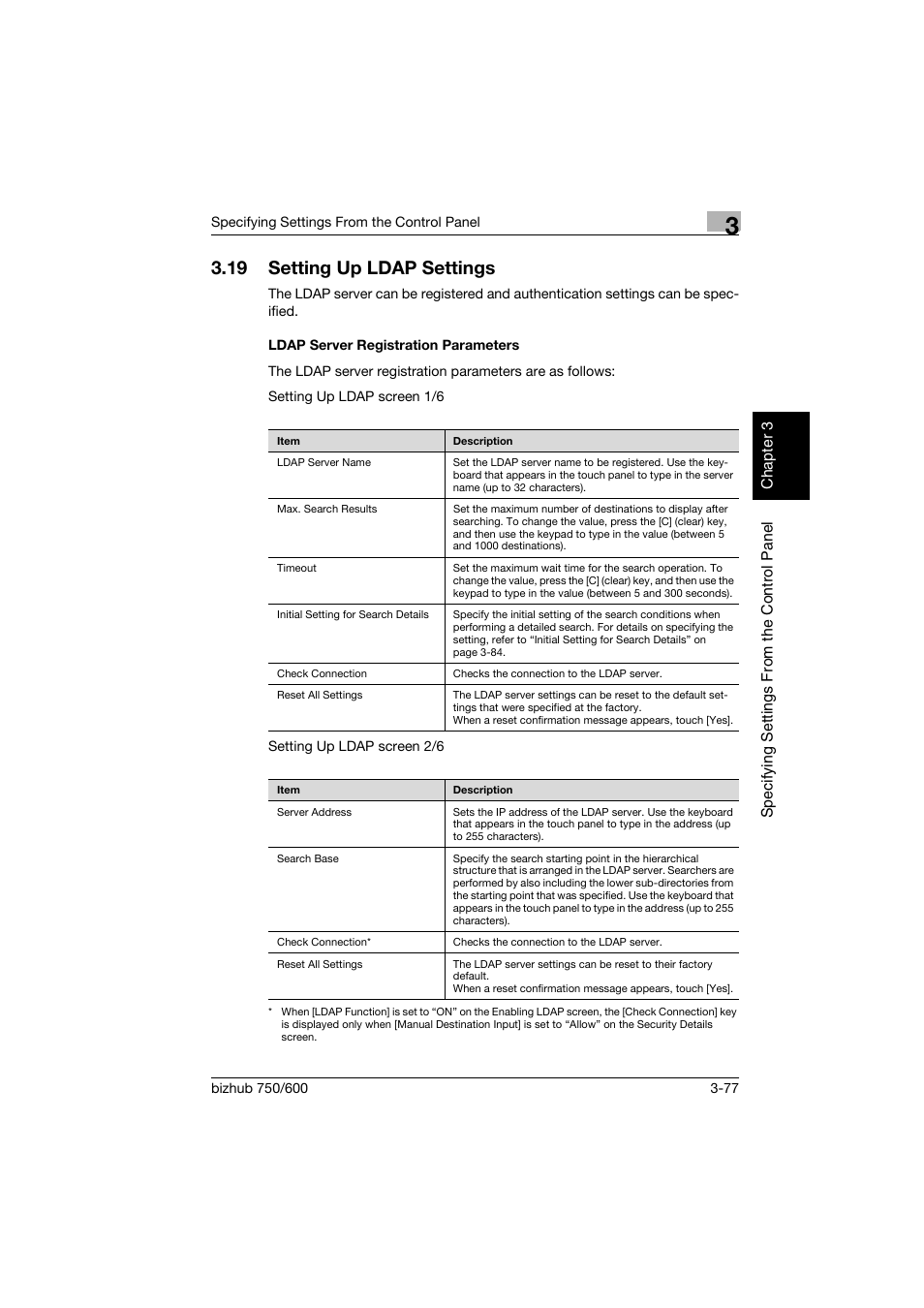 19 setting up ldap settings, Ldap server registration parameters, Setting up ldap settings -77 | Ldap server registration parameters -77 | Konica Minolta bizhub 750 User Manual | Page 198 / 394