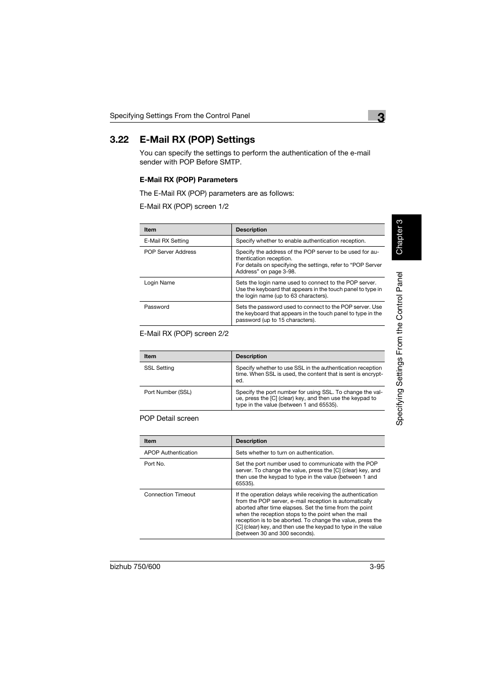 22 e-mail rx (pop) settings, E-mail rx (pop) parameters, E-mail rx (pop) settings -95 | E-mail rx (pop) parameters -95 | Konica Minolta bizhub 750 User Manual | Page 216 / 394