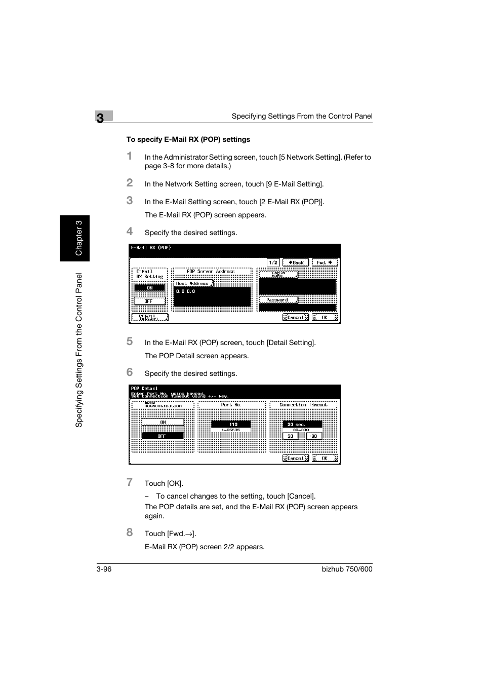 To specify e-mail rx (pop) settings, To specify e-mail rx (pop) settings -96 | Konica Minolta bizhub 750 User Manual | Page 217 / 394