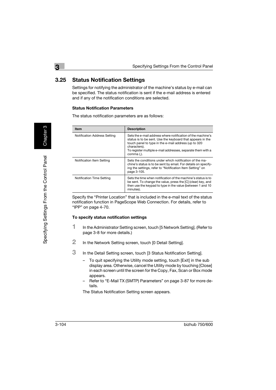 25 status notification settings, Status notification parameters, To specify status notification settings | Status notification settings -104 | Konica Minolta bizhub 750 User Manual | Page 225 / 394