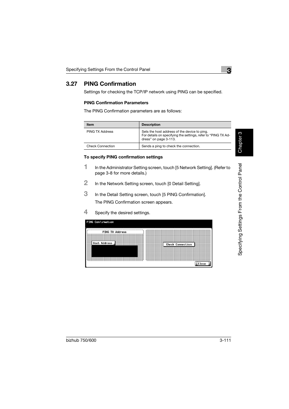 27 ping confirmation, Ping confirmation parameters, To specify ping confirmation settings | Ping confirmation -111 | Konica Minolta bizhub 750 User Manual | Page 232 / 394