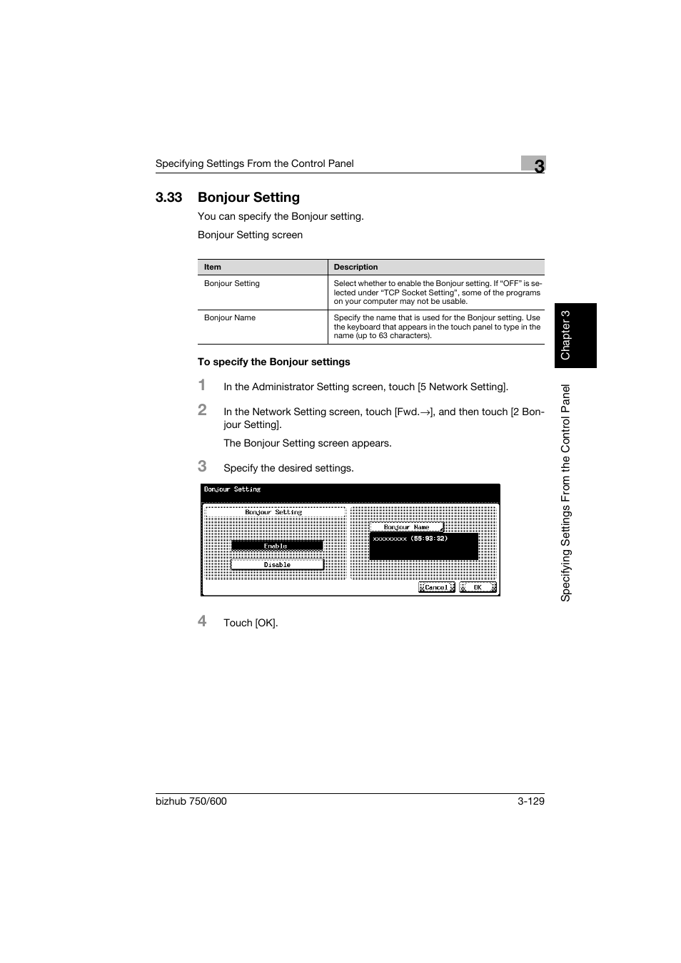 33 bonjour setting, To specify the bonjour settings, Bonjour setting -129 | To specify the bonjour settings -129 | Konica Minolta bizhub 750 User Manual | Page 250 / 394