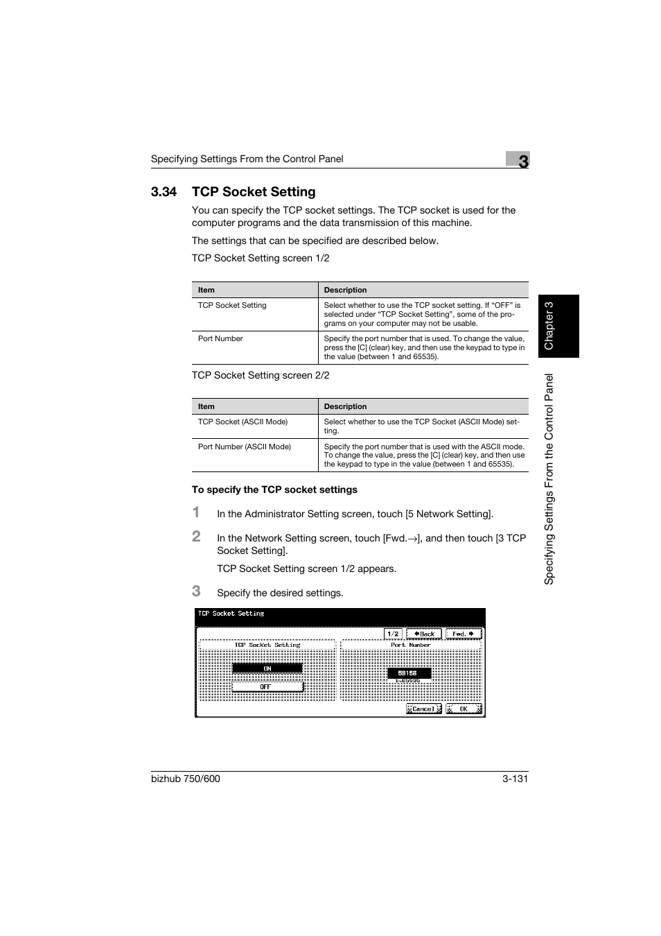 34 tcp socket setting, To specify the tcp socket settings, Tcp socket setting -131 | To specify the tcp socket settings -131 | Konica Minolta bizhub 750 User Manual | Page 252 / 394