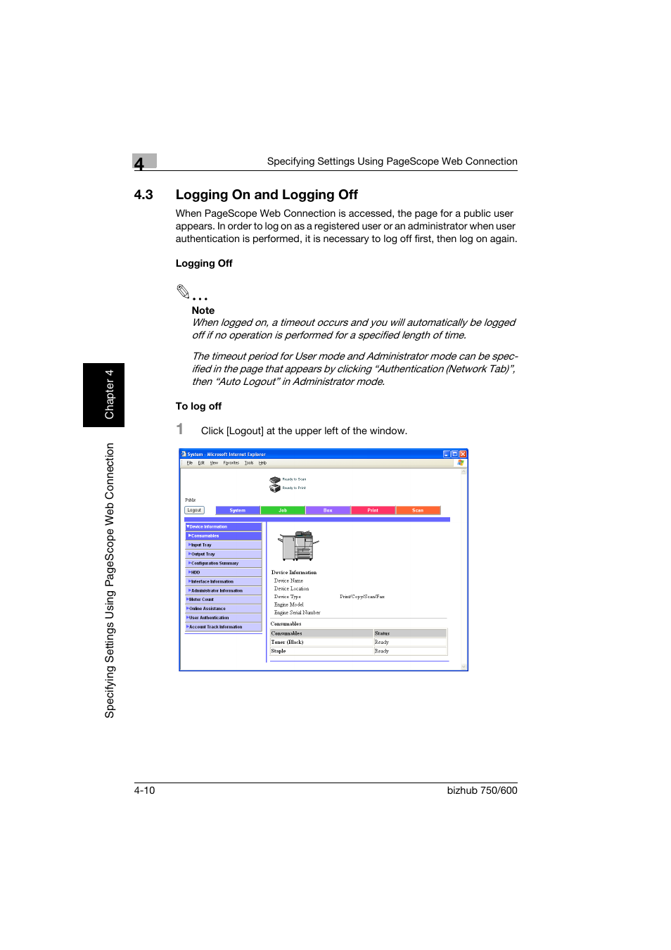 3 logging on and logging off, Logging off, To log off | Logging on and logging off -10, Logging off -10 to log off -10 | Konica Minolta bizhub 750 User Manual | Page 277 / 394