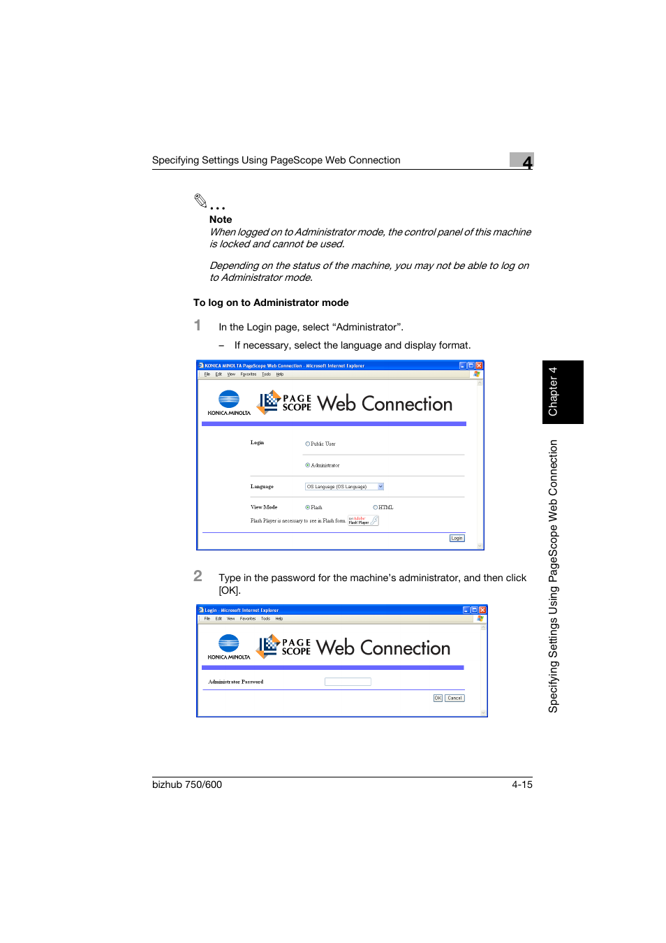 To log on to administrator mode, To log on to administrator mode -15 | Konica Minolta bizhub 750 User Manual | Page 282 / 394