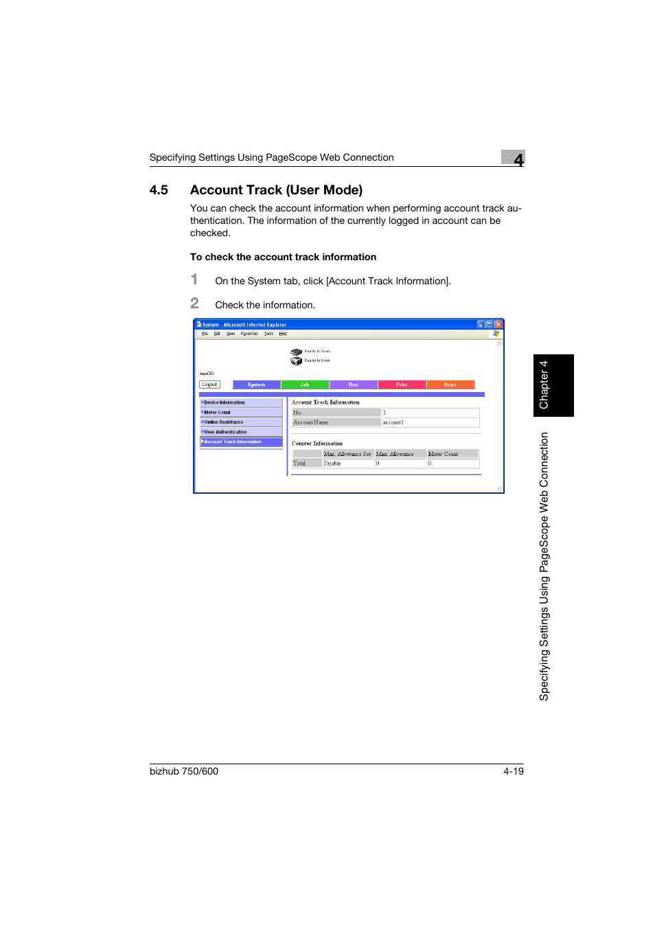 5 account track (user mode), To check the account track information, Account track (user mode) -19 | To check the account track information -19 | Konica Minolta bizhub 750 User Manual | Page 286 / 394