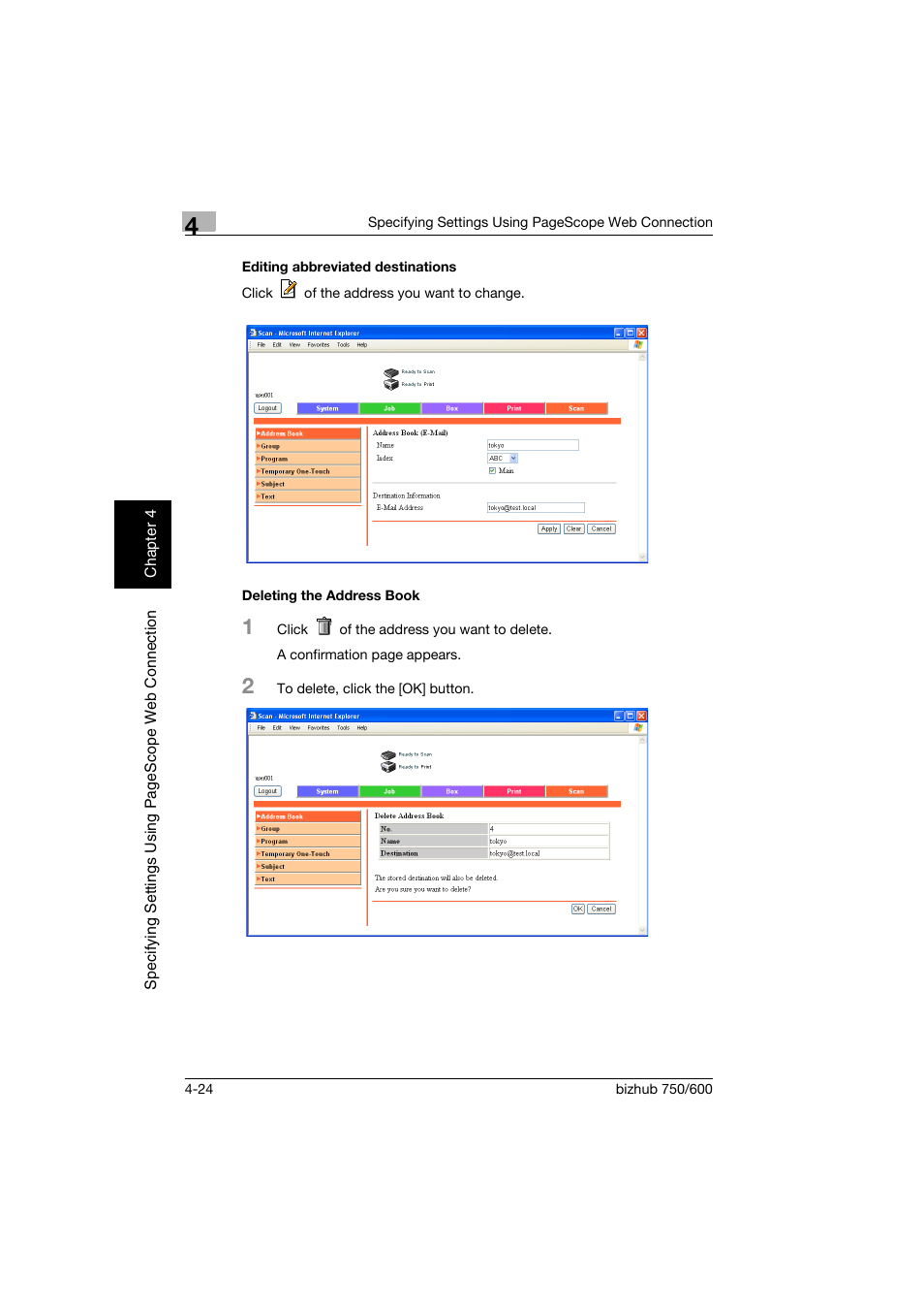 Editing abbreviated destinations, Deleting the address book | Konica Minolta bizhub 750 User Manual | Page 291 / 394