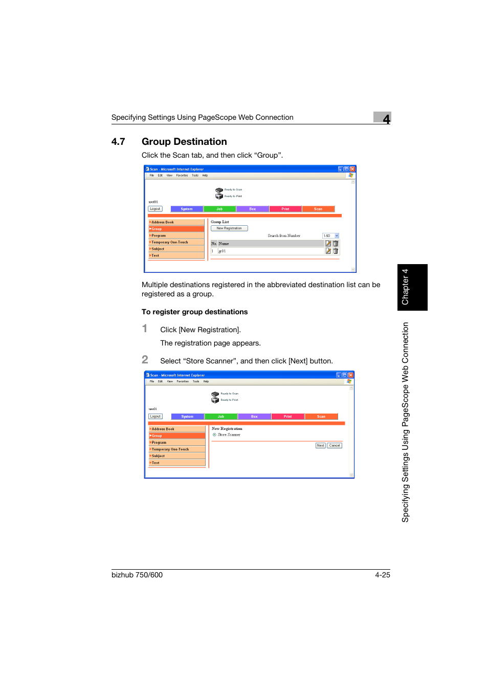 7 group destination, To register group destinations, Group destination -25 | To register group destinations -25 | Konica Minolta bizhub 750 User Manual | Page 292 / 394