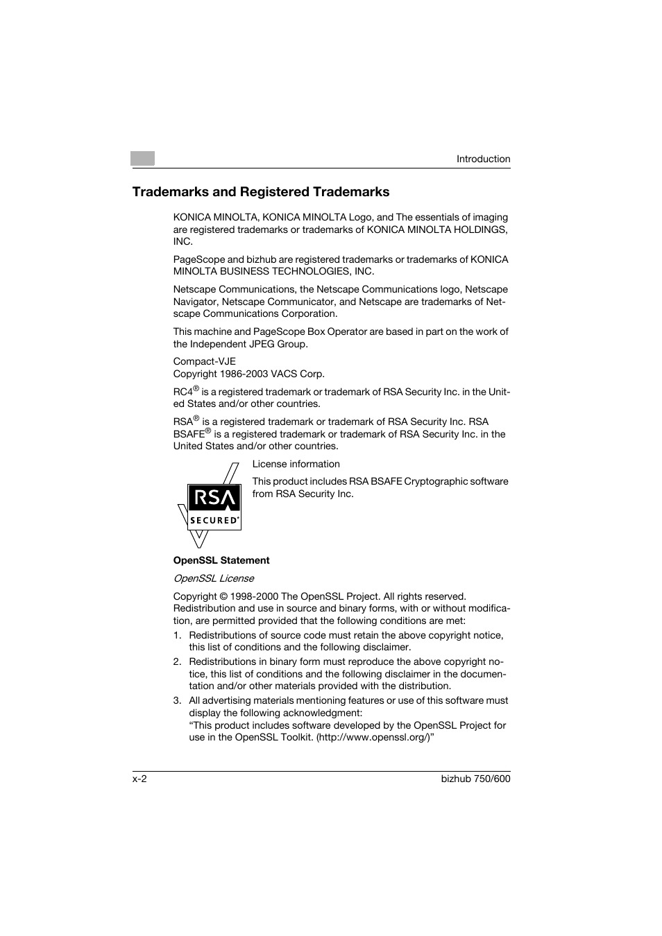 Trademarks and registered trademarks | Konica Minolta bizhub 750 User Manual | Page 3 / 394