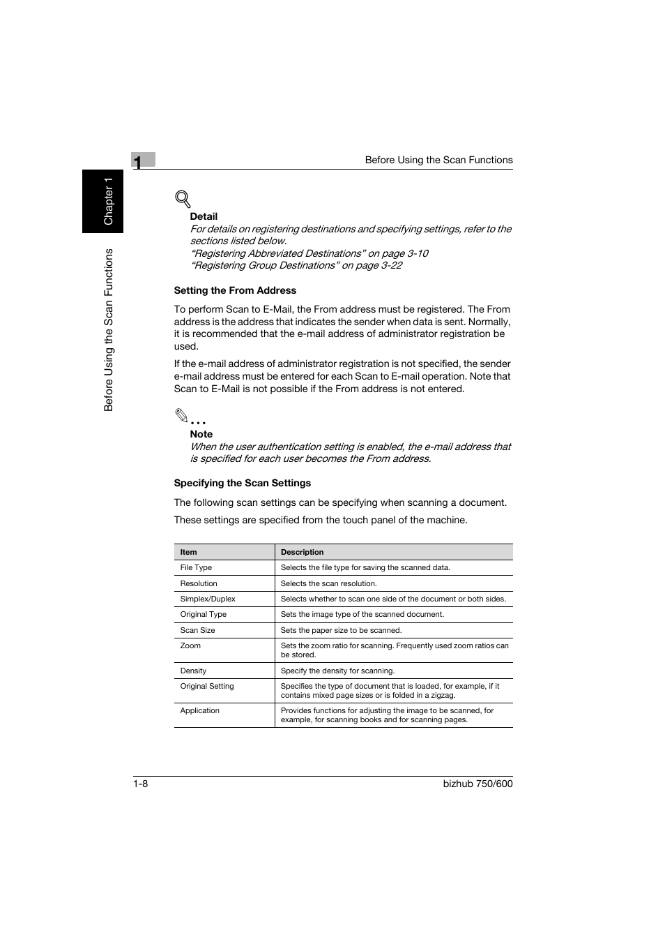 Setting the from address, Specifying the scan settings | Konica Minolta bizhub 750 User Manual | Page 31 / 394