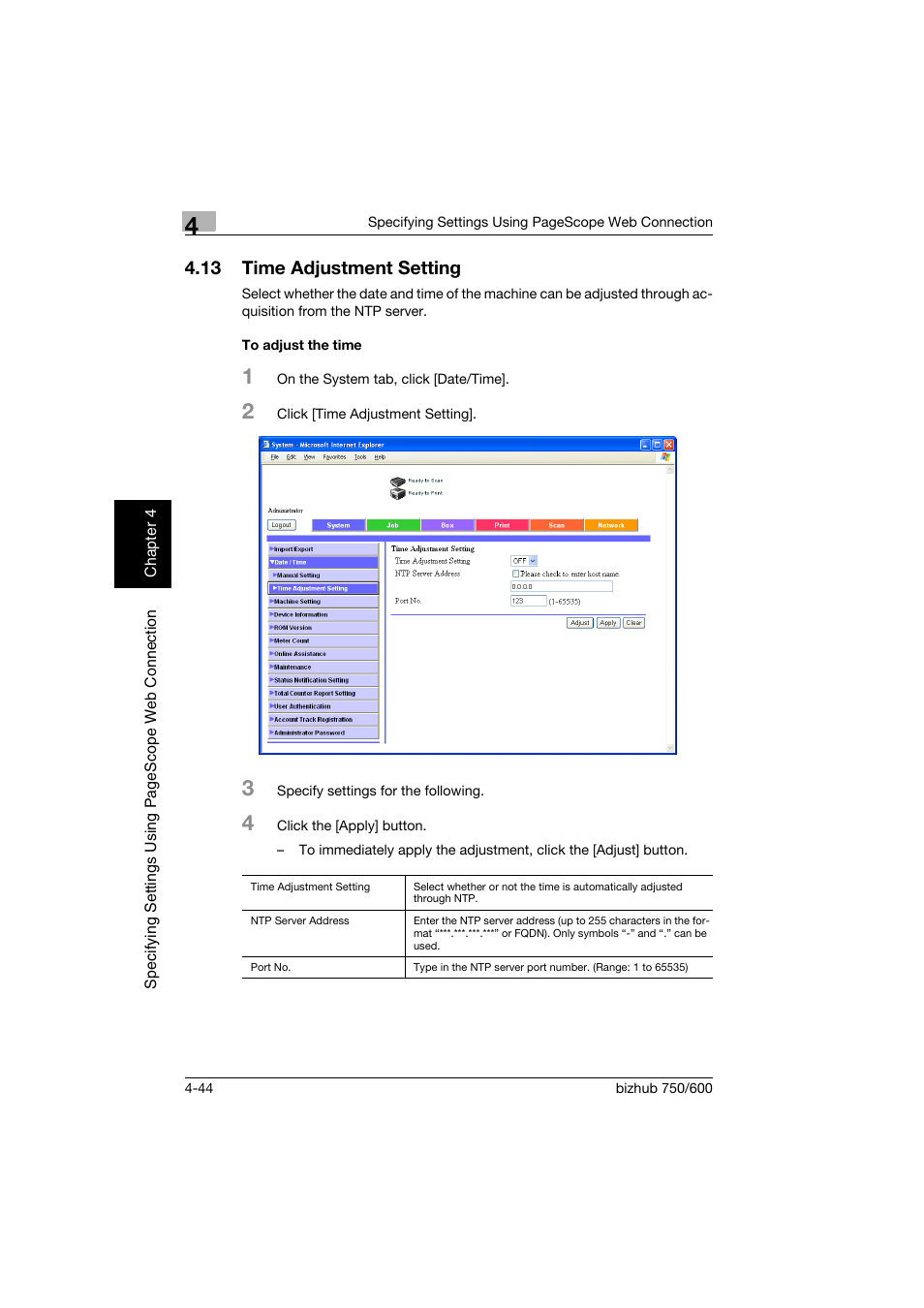 13 time adjustment setting, To adjust the time, Time adjustment setting -44 | To adjust the time -44 | Konica Minolta bizhub 750 User Manual | Page 311 / 394