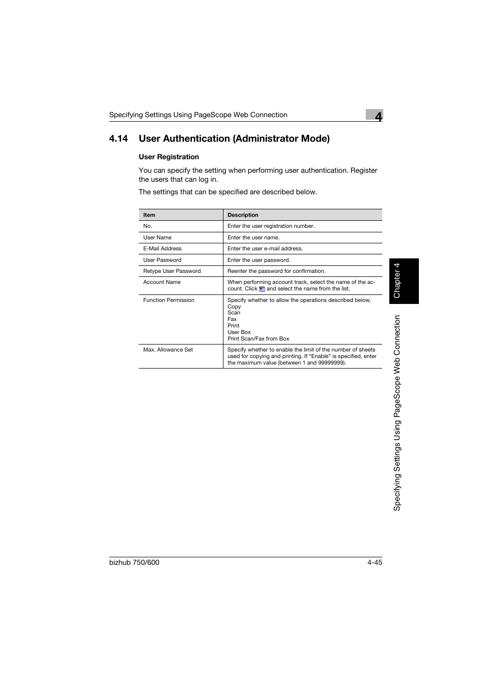 14 user authentication (administrator mode), User registration, User authentication (administrator mode) -45 | User registration -45 | Konica Minolta bizhub 750 User Manual | Page 312 / 394