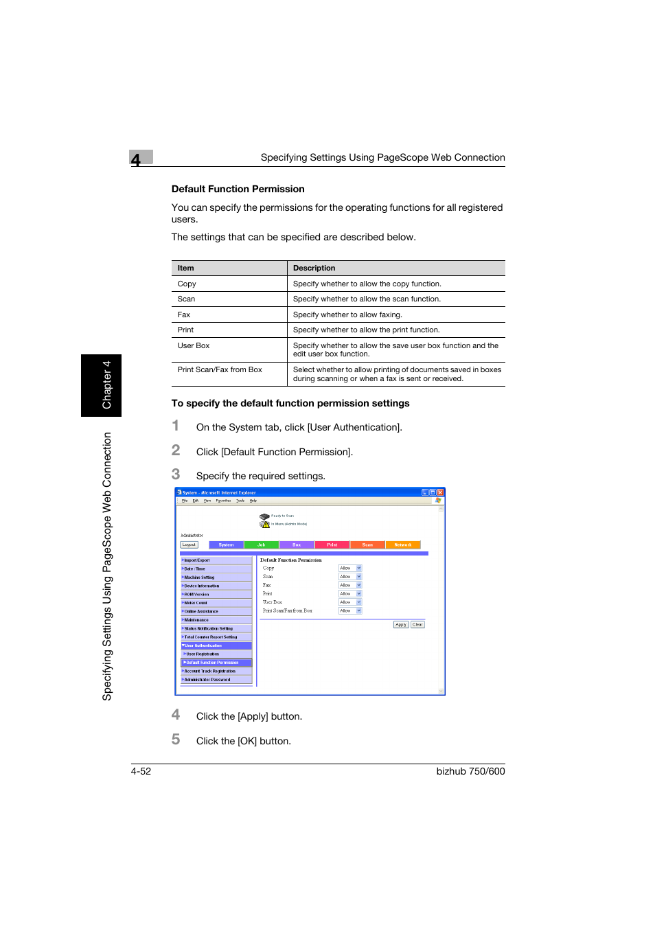 Default function permission | Konica Minolta bizhub 750 User Manual | Page 319 / 394