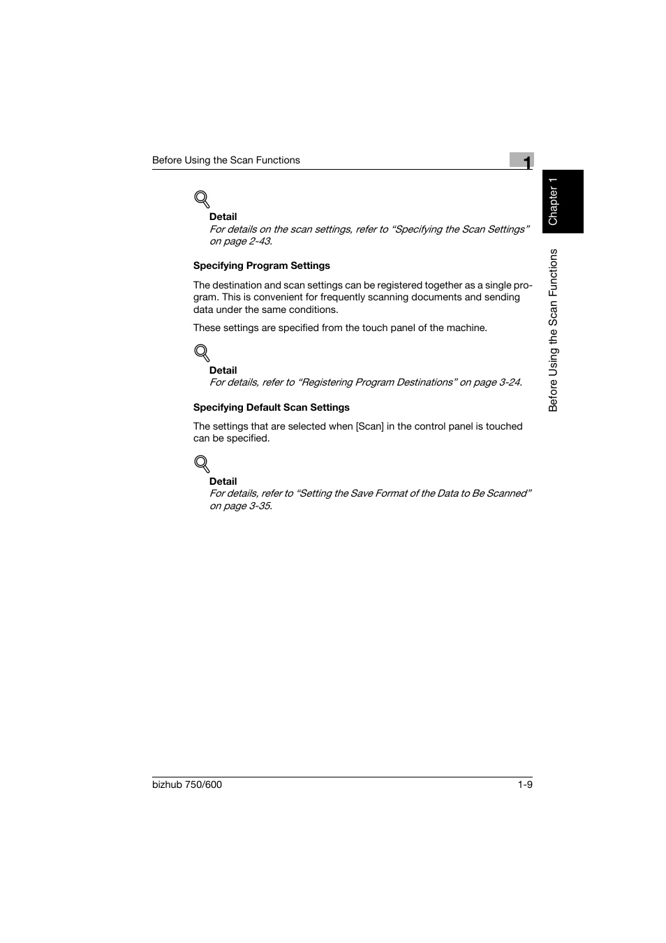 Specifying program settings, Specifying default scan settings | Konica Minolta bizhub 750 User Manual | Page 32 / 394