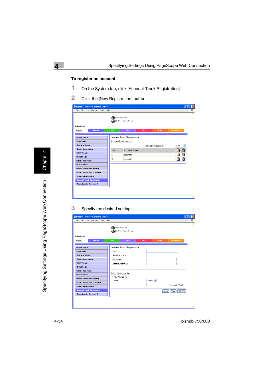 To register an account, To register an account -54 | Konica Minolta bizhub 750 User Manual | Page 321 / 394