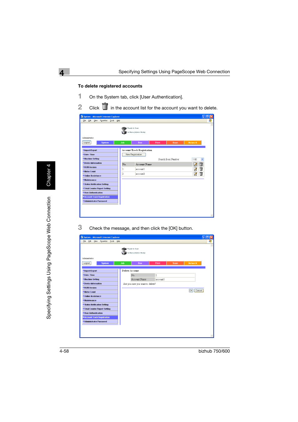 To delete registered accounts, To delete registered accounts -58 | Konica Minolta bizhub 750 User Manual | Page 325 / 394