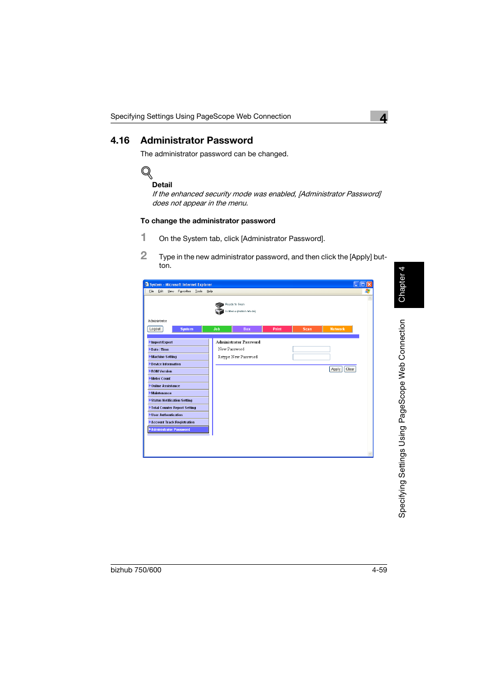 16 administrator password, To change the administrator password, Administrator password -59 | To change the administrator password -59 | Konica Minolta bizhub 750 User Manual | Page 326 / 394