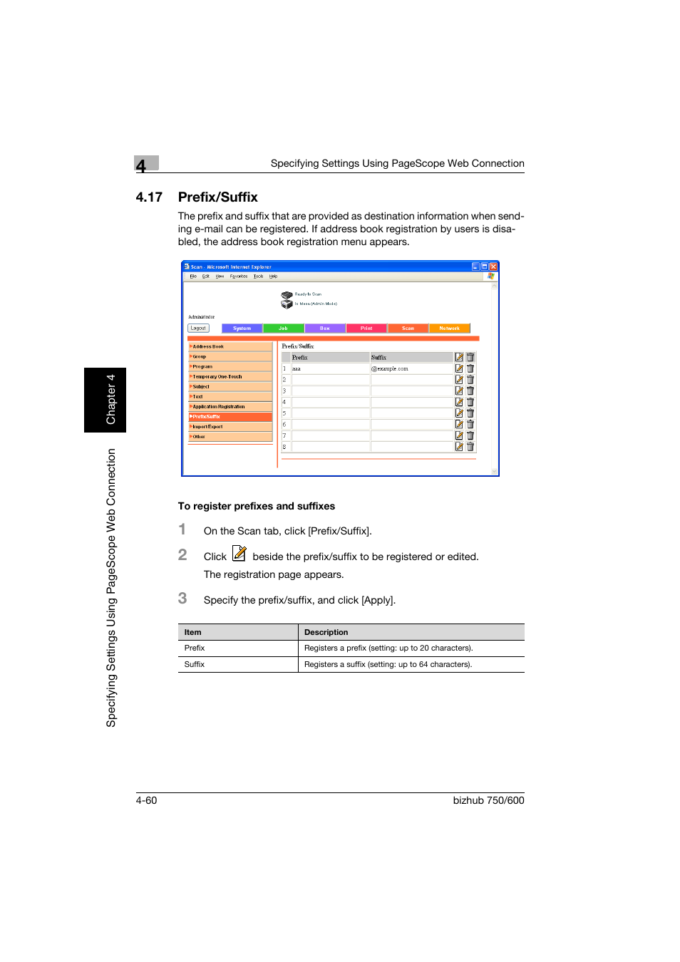 17 prefix/suffix, To register prefixes and suffixes, Prefix/suffix -60 | To register prefixes and suffixes -60 | Konica Minolta bizhub 750 User Manual | Page 327 / 394