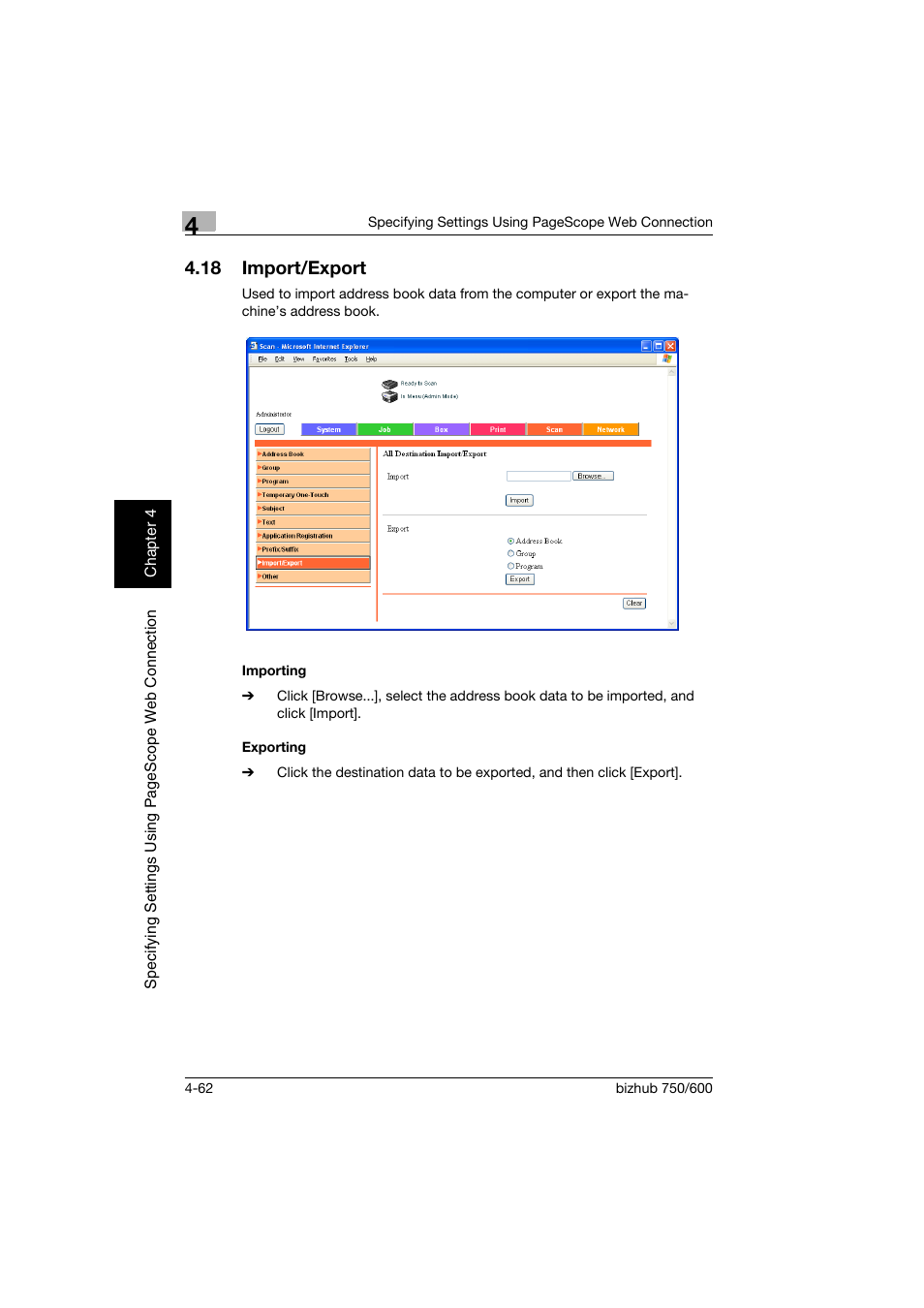 18 import/export, Importing, Exporting | Import/export -62, Importing -62 exporting -62 | Konica Minolta bizhub 750 User Manual | Page 329 / 394