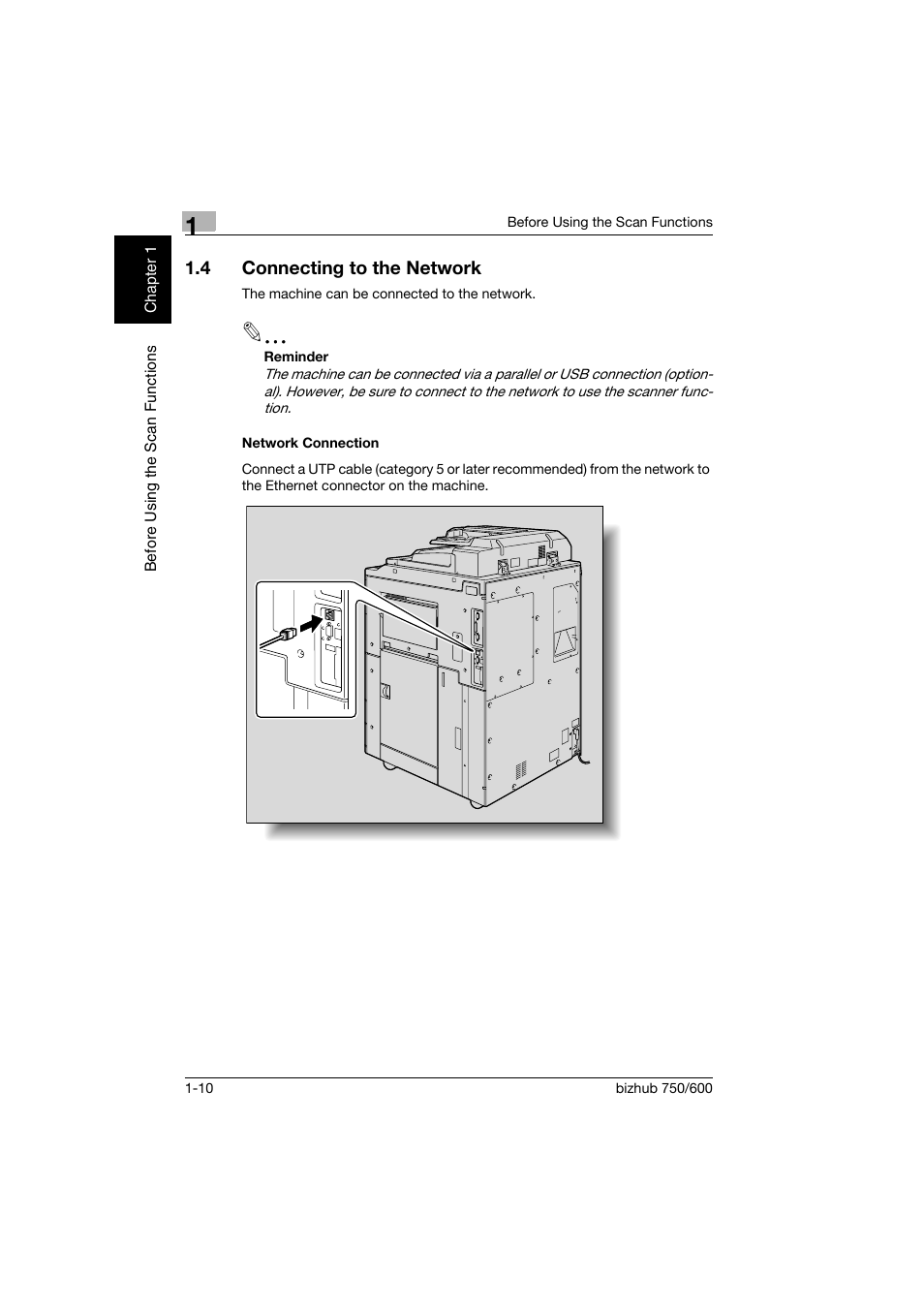 4 connecting to the network, Network connection, Connecting to the network -10 | Network connection -10 | Konica Minolta bizhub 750 User Manual | Page 33 / 394