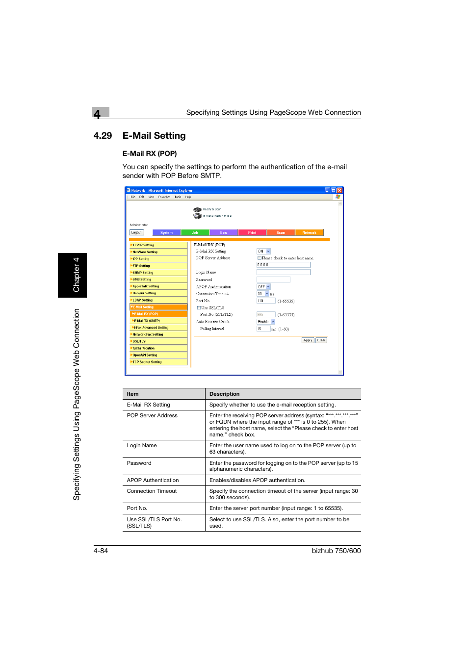 29 e-mail setting, E-mail rx (pop), E-mail setting -84 | E-mail rx (pop) -84 | Konica Minolta bizhub 750 User Manual | Page 351 / 394