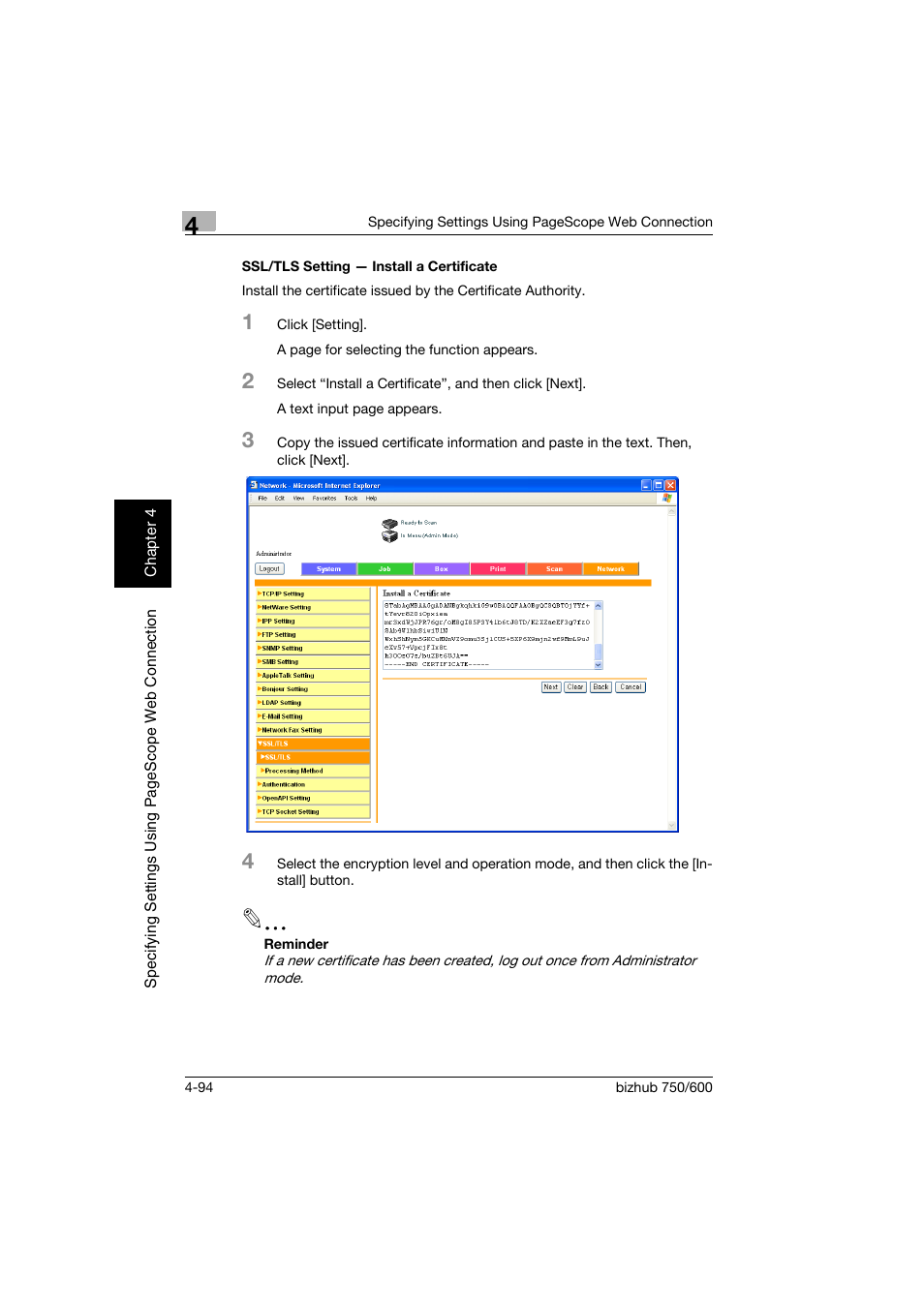 Ssl/tls setting - install a certificate, Ssl/tls setting — install a certificate -94 | Konica Minolta bizhub 750 User Manual | Page 361 / 394