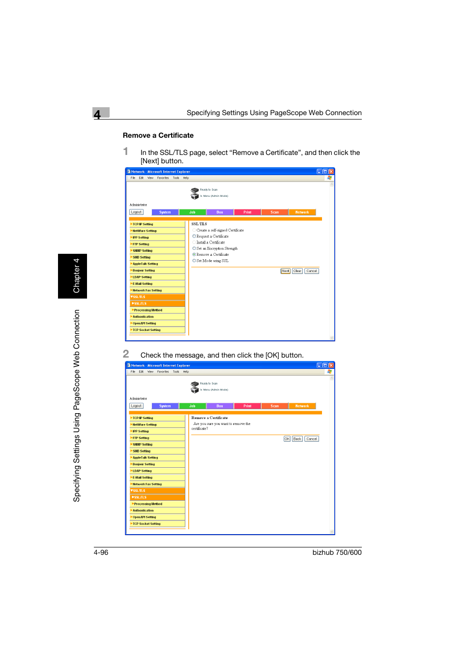 Remove a certificate, Remove a certificate -96 | Konica Minolta bizhub 750 User Manual | Page 363 / 394