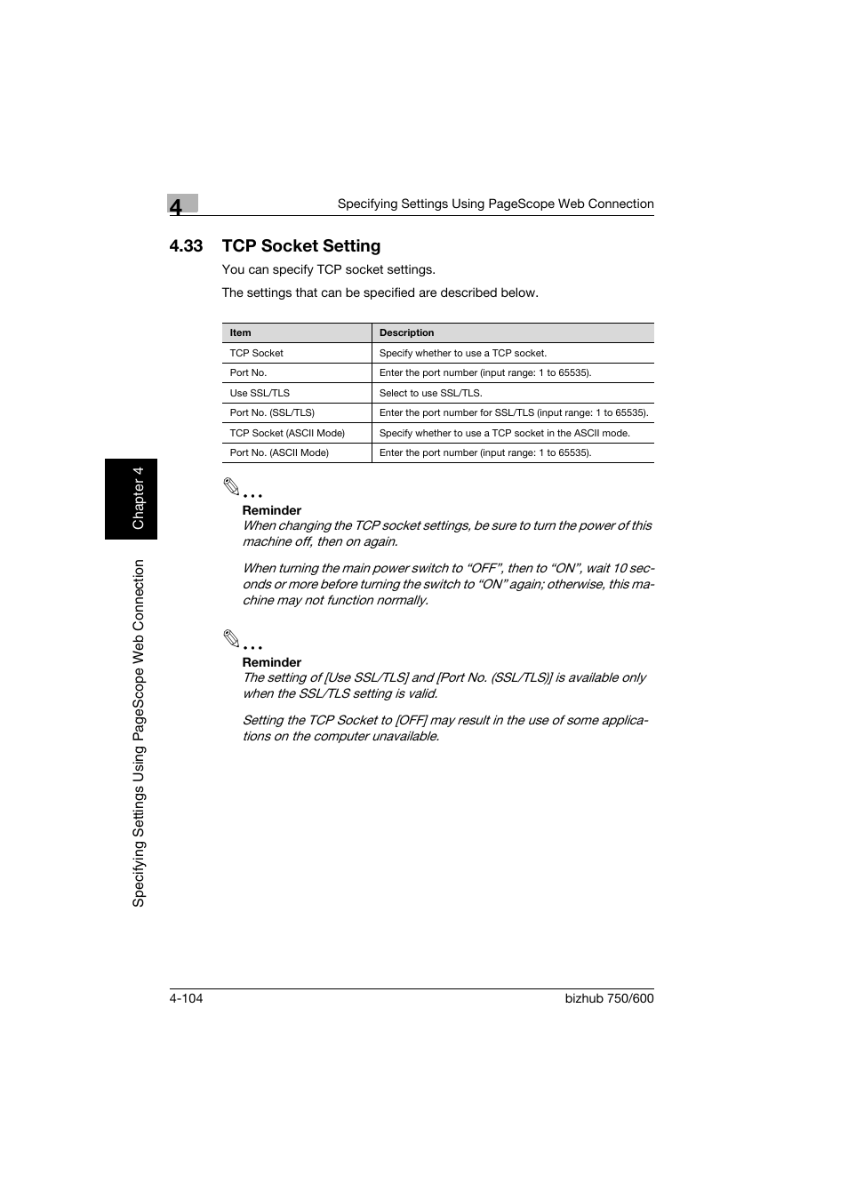 33 tcp socket setting, Tcp socket setting -104 | Konica Minolta bizhub 750 User Manual | Page 371 / 394