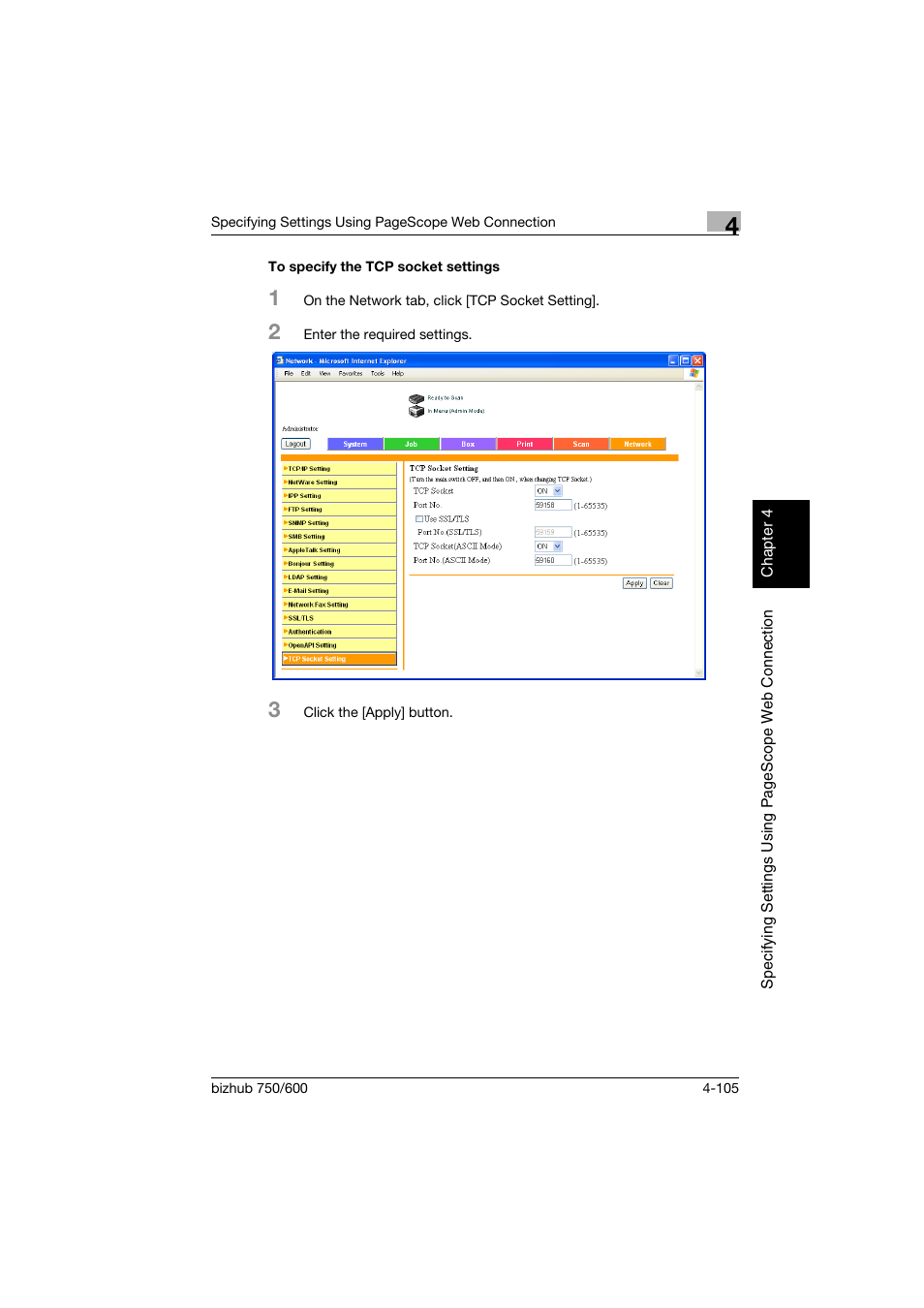 To specify the tcp socket settings, To specify the tcp socket settings -105 | Konica Minolta bizhub 750 User Manual | Page 372 / 394