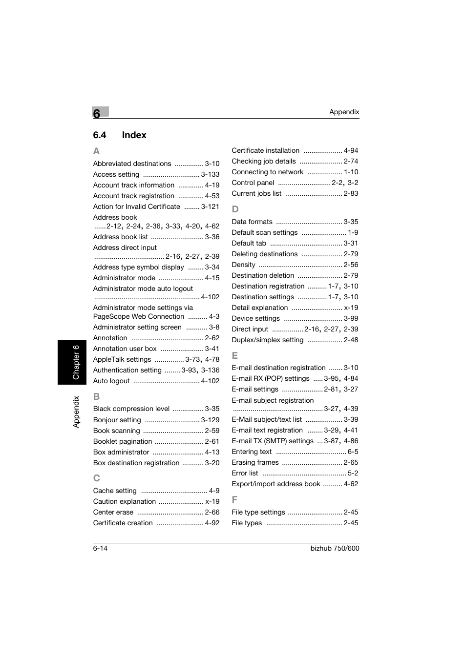 4 index, A to f, Index -14 | Konica Minolta bizhub 750 User Manual | Page 389 / 394