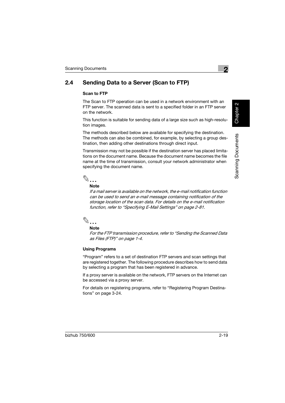 4 sending data to a server (scan to ftp), Scan to ftp, Using programs | Sending data to a server (scan to ftp) -19, Scan to ftp -19 using programs -19 | Konica Minolta bizhub 750 User Manual | Page 54 / 394