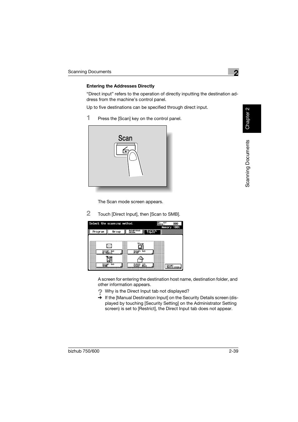 Entering the addresses directly, Entering the addresses directly -39, Scan | Konica Minolta bizhub 750 User Manual | Page 74 / 394