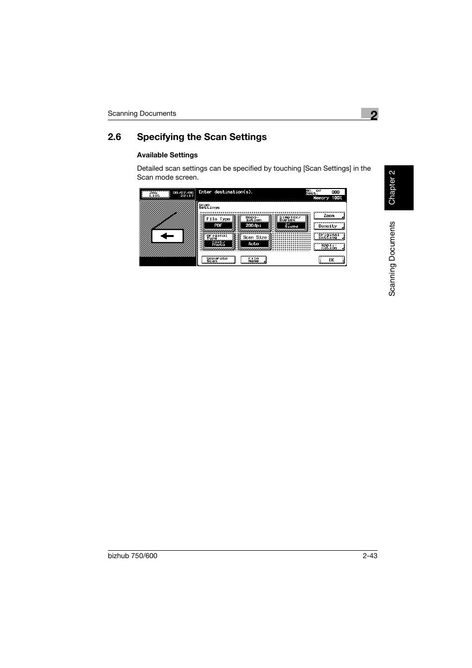 6 specifying the scan settings, Available settings, Specifying the scan settings -43 | Available settings -43 | Konica Minolta bizhub 750 User Manual | Page 78 / 394