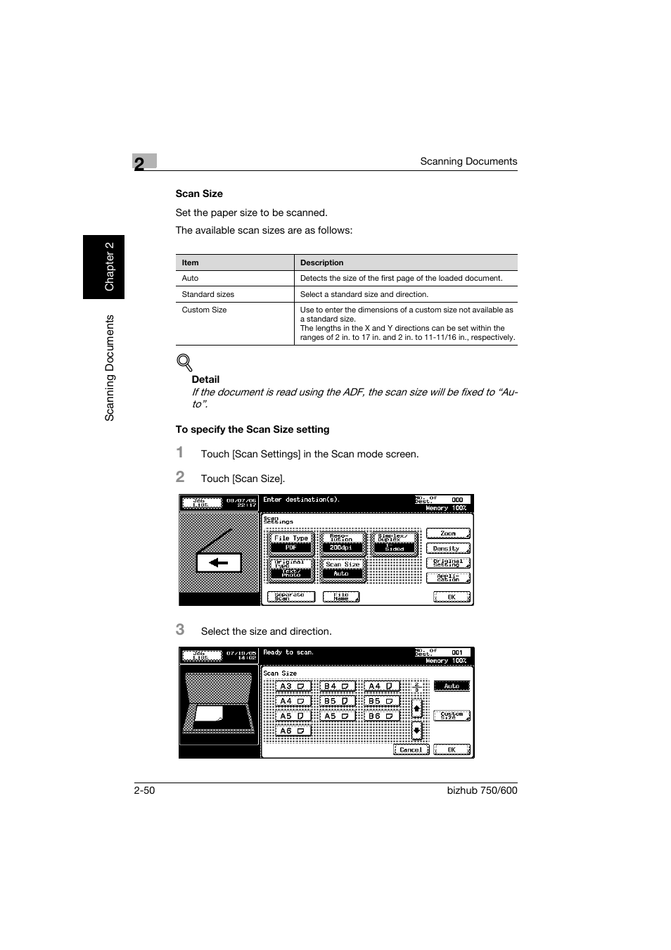 Scan size, To specify the scan size setting, Scan size -50 to specify the scan size setting -50 | Konica Minolta bizhub 750 User Manual | Page 85 / 394