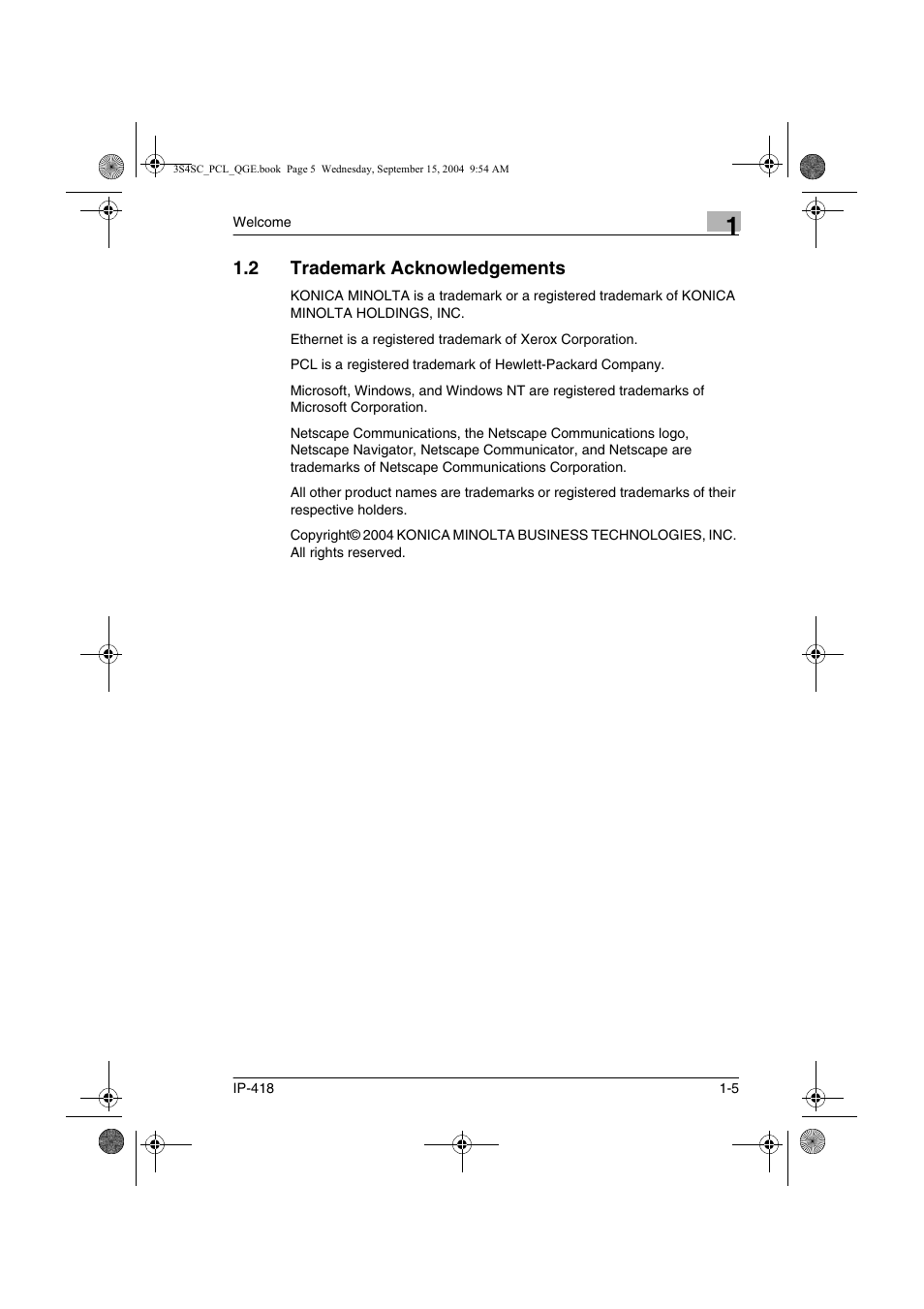 2 trademark acknowledgements, Trademark acknowledgements -5 | Konica Minolta 8050 User Manual | Page 10 / 34