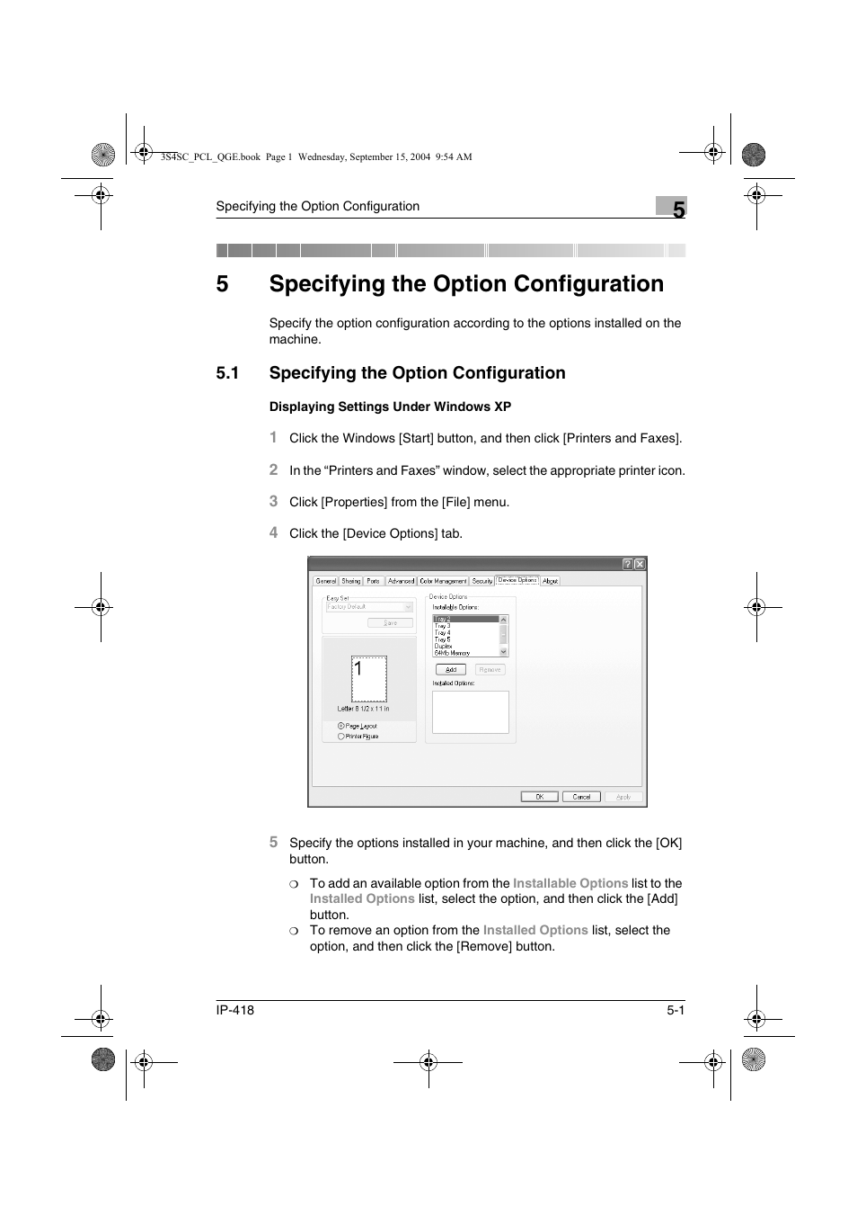 5 specifying the option configuration, 1 specifying the option configuration, Displaying settings under windows xp | Specifying the option configuration, Specifying the option configuration -1, Displaying settings under windows xp -1, 5specifying the option configuration | Konica Minolta 8050 User Manual | Page 26 / 34