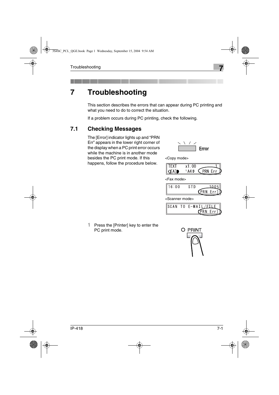 7 troubleshooting, 1 checking messages, Troubleshooting | Checking messages -1, 7troubleshooting | Konica Minolta 8050 User Manual | Page 30 / 34