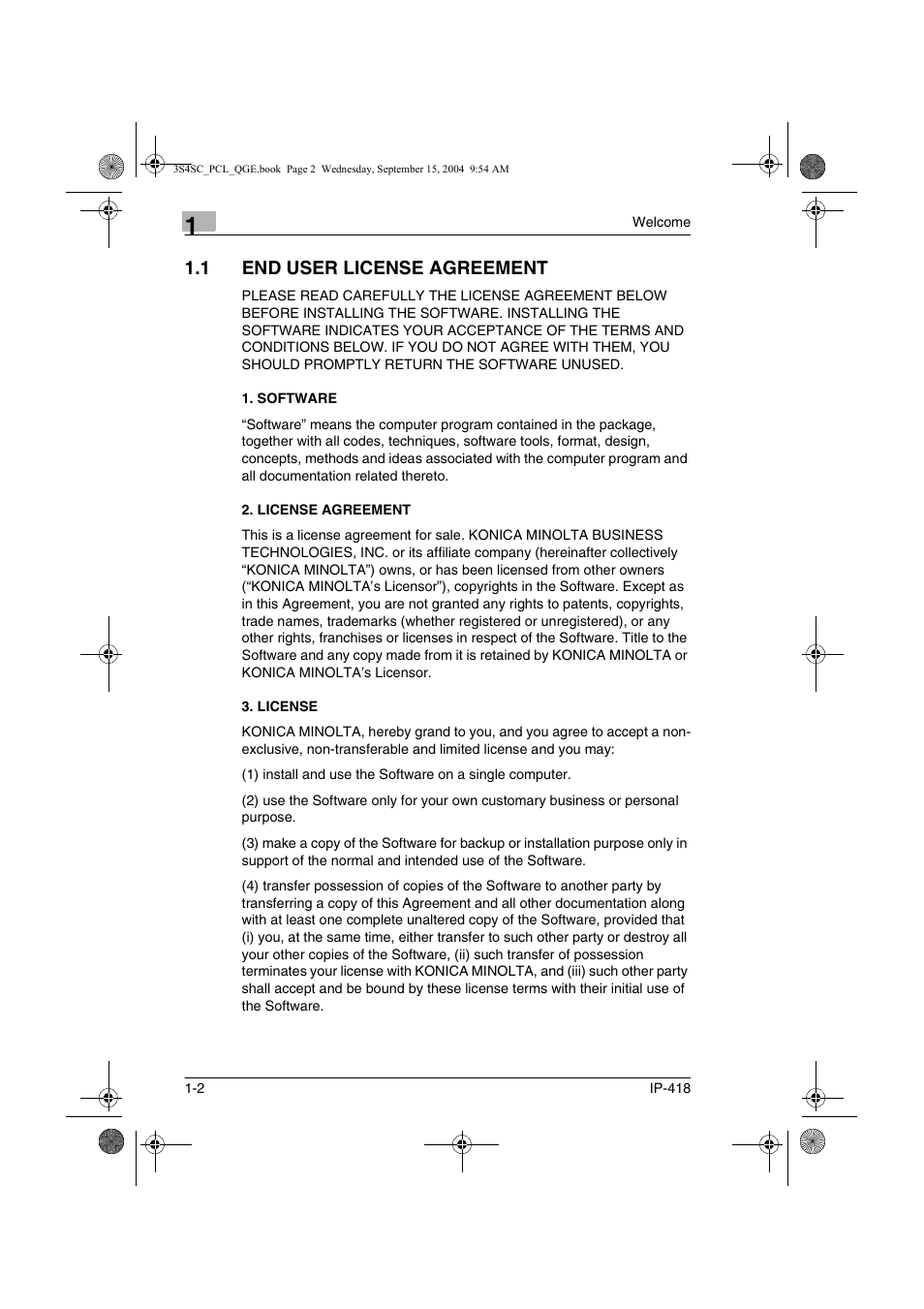 1 end user license agreement, Software, License agreement | License, End user license agreement -2, Software -2 2. license agreement -2 3. license -2 | Konica Minolta 8050 User Manual | Page 7 / 34