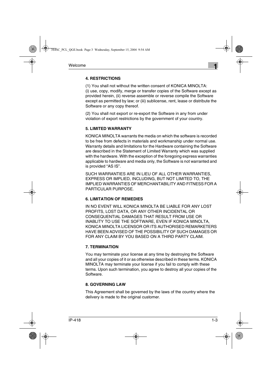 Restrictions, Limited warranty, Limitation of remedies | Termination, Governing law | Konica Minolta 8050 User Manual | Page 8 / 34