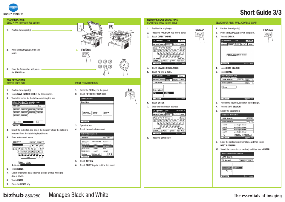 Short guide 3/3, Manages black and white | Konica Minolta BIZHUB 350 User Manual | Page 3 / 3