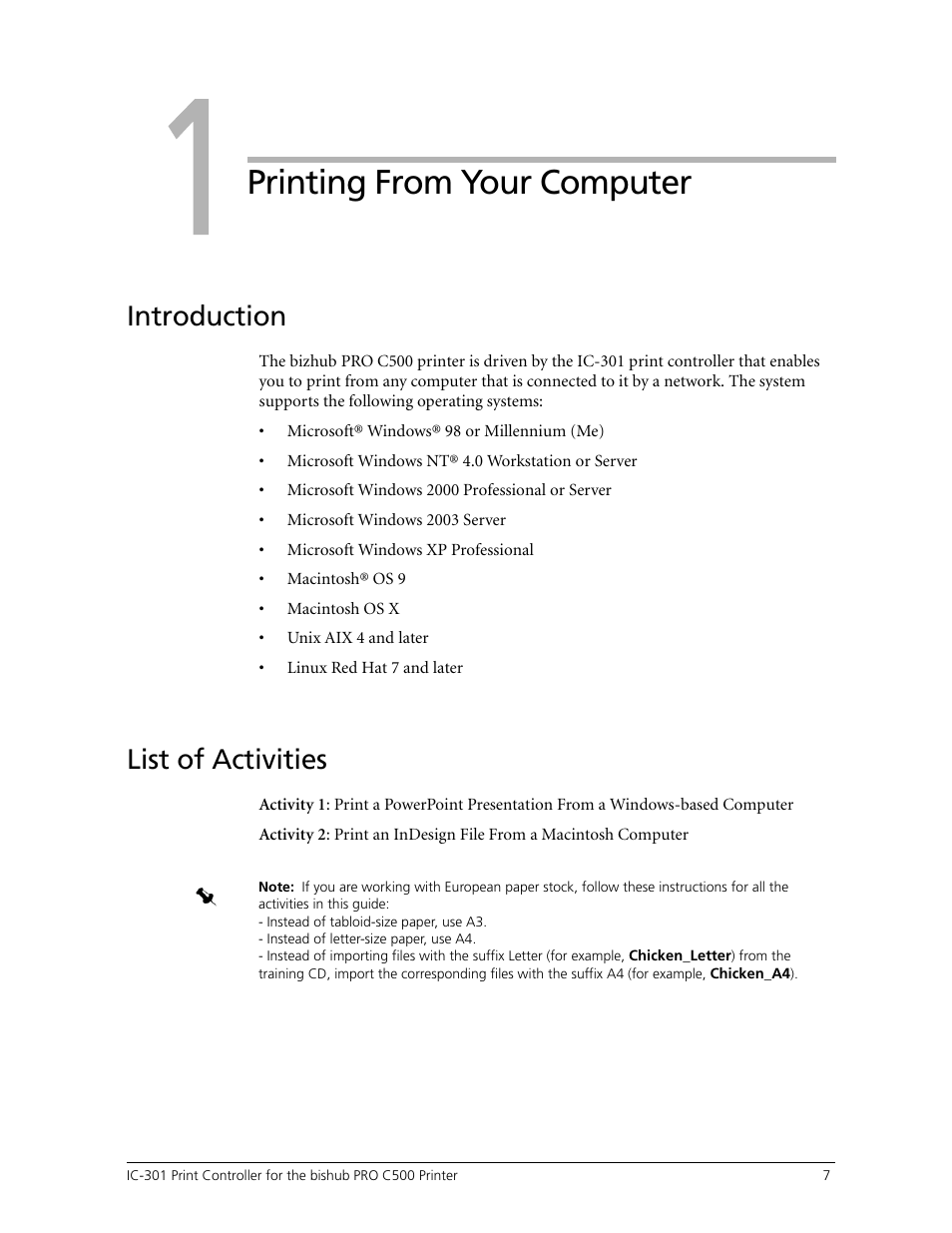 Printing from your computer, List of activities, Module 1: printing from your computer | Module, Introduction | Konica Minolta bizhub PRO C500 User Manual | Page 13 / 62