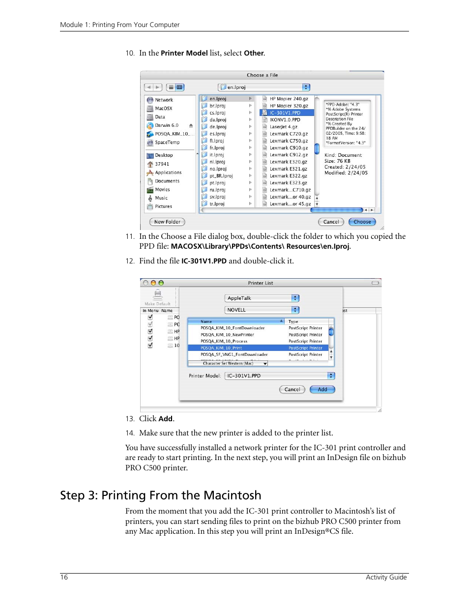 Step 3: printing from the macintosh | Konica Minolta bizhub PRO C500 User Manual | Page 22 / 62