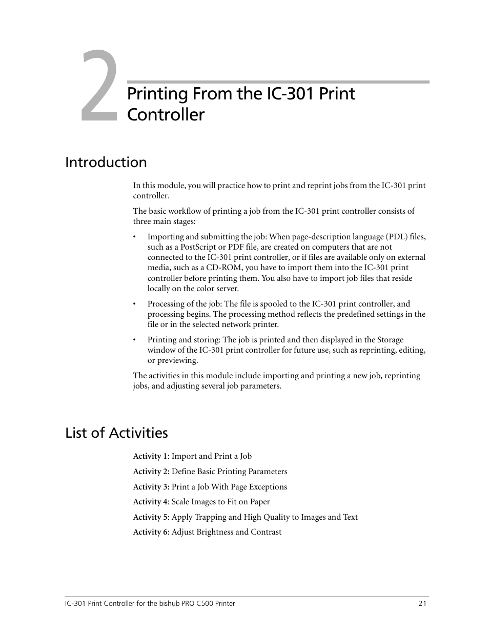 Printing from the ic-301 print controller, List of activities, Module | Introduction | Konica Minolta bizhub PRO C500 User Manual | Page 27 / 62