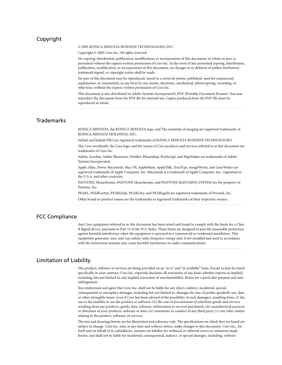 Copyright, Trademarks, Fcc compliance | Limitation of liability | Konica Minolta bizhub PRO C500 User Manual | Page 3 / 62